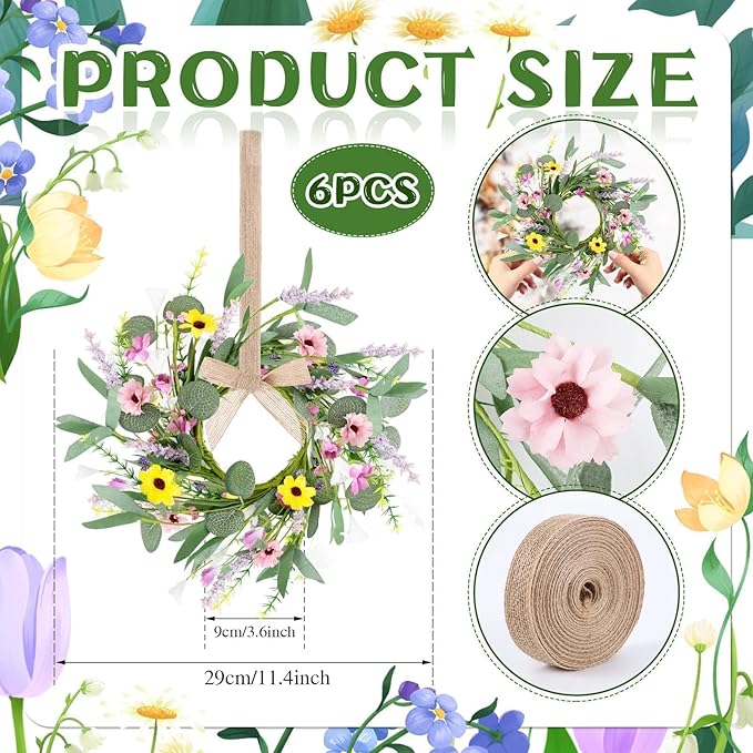 6 Pcs 9" Small Spring Wreath for Kitchen Cabinet Floral Wedding Candle Rings Wreaths Spring Summer Wildflower Wreath with Ribbon for Pillars Front Door Porch Wall Window Farmhouse Party Home Decor