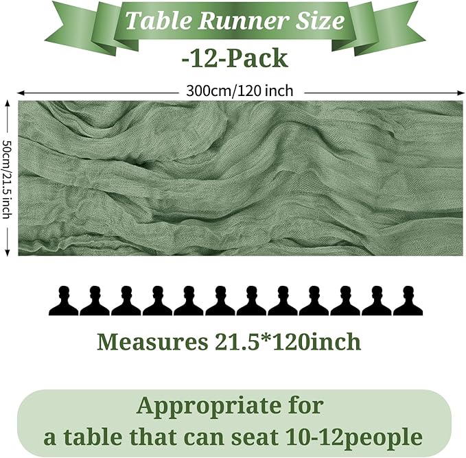 12 Pack Sage Green Table Runner, 10FT Cheesecloth Table Runner Long Romantic Semi Sheer Rustic Boho Gauze Table Runners for Wedding Bridal Shower Birthday Party Decorations(21.5×120 Inch)