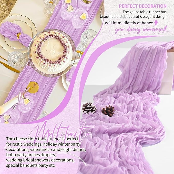1 Pack Cheesecloth Table Runner 10FT Lilac Purple Table Runner Lavender Boho Gauze Cheese Cloth Table Runners Long Rustic Sheer Table Decorations for Wedding Party Baby Bridal Shower Birthday Holiday