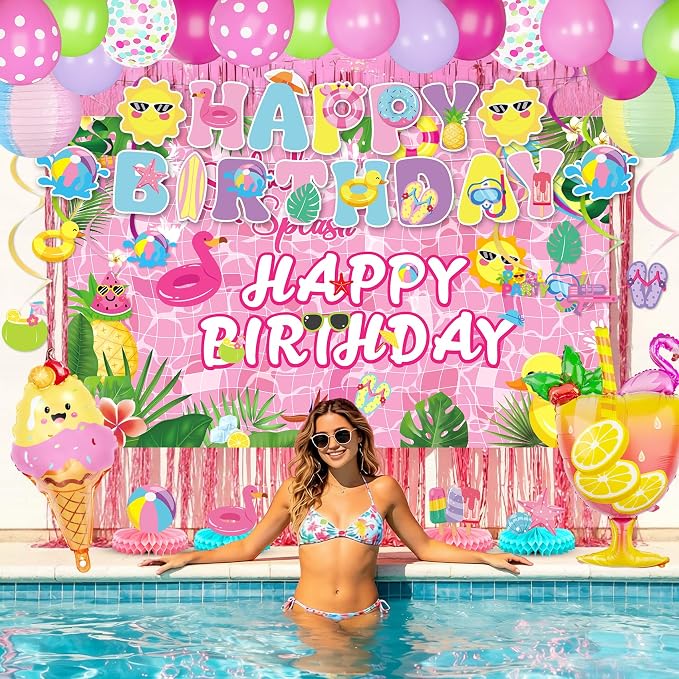 Summer Pool Beach Birthday Party Decorations, Splash Summer Backdrop Banner Hanging Swirls Honeycomb Centerpieces Cake Toppers Foil Balloons for Girls Tropical Swimming Luau Hawaiian Party Decor(Pink)