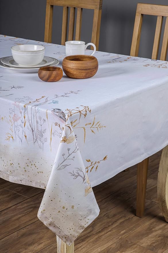 Maison d' Hermine Table Cloth Rectangle Table 100% Cotton 60 x 90 Inches Tablecloth Reusable Decorative for Dining Kitchen Room Farmhouse Home Hotel Restaurant Spring Summer - Meadow Florals - Beige