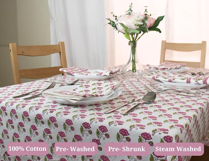 Block Print Table Cloth- 60x120 Inch Rectangle 100% Cotton Handmade Pre-Shrink, Washable for Spring, Kitchen & Dining Perfect for Patio, Indoor & Outdoor, Farmhouse