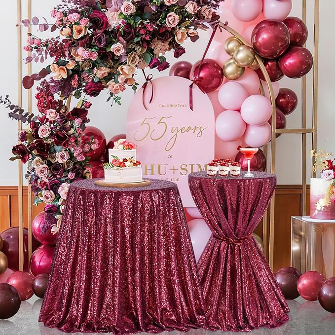B-COOL Round Sequin Tablecloth Draping Decorations: Burgundy 90 Inch Tablecloths Sequin Overlay Green Shimmer Fabric for Birthday Dinner Parties Valentines Day Graguation Christmas