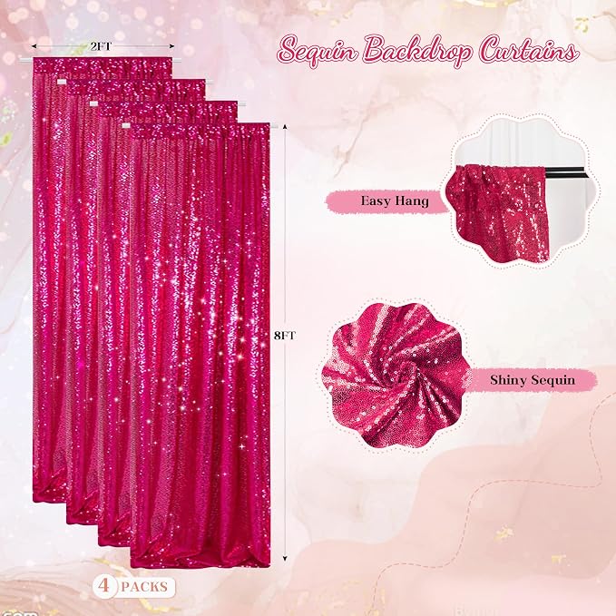PartyDelight Hot Pink Sequin Backdrop Curtains 2x8ft 4 Panels | 3mm stitched sequin curtain with 4 inch rod pocket for 2x8ft 4 panel fuller wall coverage pleated backdrop and 8ft stand