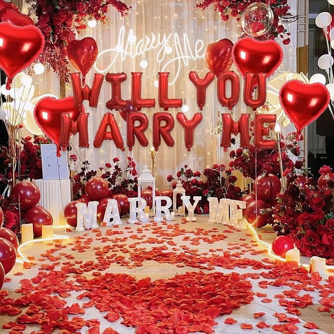 2 Set Red WILL YOU MARRY ME Balloons - 28pcs 16" Letter Balloons 10pcs 18" Heart Balloons with 1200pcs Red Artificial Rose Petals Alphabet Foil Mylar Balloons for Valentines Day Decorations