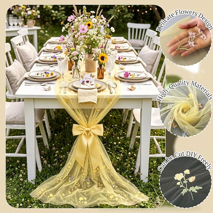 Lounsweer Yellow Wildflower Table Runner 10ft Embroidery Tulle Spring Floral Table Runner Seasonal Summer Butterfly Kitchen Dining Gauze Decoration for Wedding Baby Shower Birthday Party