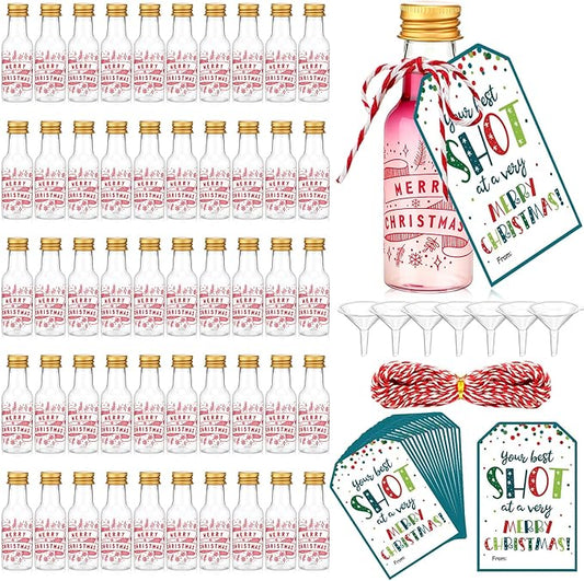 Potchen 50 Set Mini Liquor Bottles Christmas Party Favors for Guests Xmas Mini Plastic Bottle 1.8oz/50ml Shot Bottles with Gold Screw Caps Funnels Xmas Tags and Ropes for Christmas Party Decorations