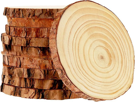 MUKCHAP 10 Pcs 6.3-7 Inch Natural Pine Wood Slices, 0.6 Inch Thick Unfinished Wood Discs for Festival Ornaments, Wedding Decoration, DIY Craft