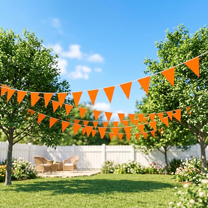 40M/130FT Macaroon Orange Triangle Pennant Banner Flag Metallic Fabric Bunting Garland for Christmas Graduation Anniversary Birthday Engagement Wedding Anniversary Casino Party Decorations Supplies