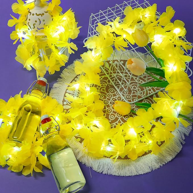 Sherr 48 Pcs LED Hawaiian Leis Light up Flower Leis Necklace with LED Lights Luau Flowers Necklaces for Masquerade Beach Wedding Tropical Themed Party Supplies (Yellow)