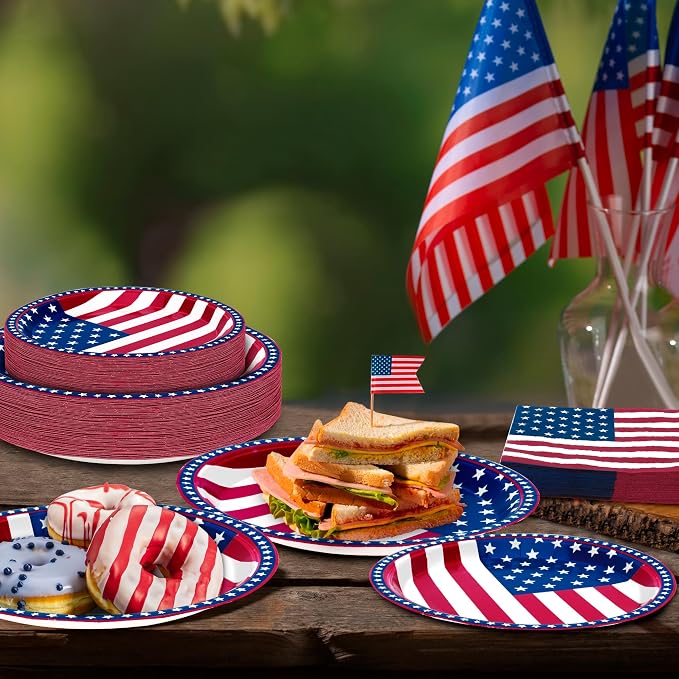 QZYL 150 Pcs 4th of July Party Supplies, Serve 50 Patriotic American Flag Party Tableware Set Paper Plates and Napkins, Fourth of July Decorations for Independence Day Patriotic BBQs Picnic Events