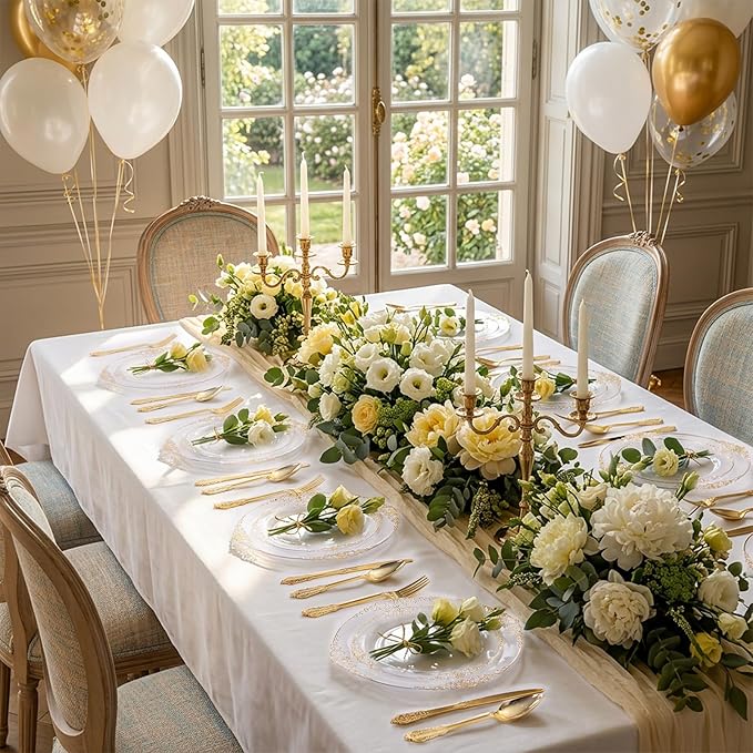 102PCS Clear Gold Plastic Plates - Clear Disposable Plates with Gold Rim - Elegant Party Plate Include 51PCS Dessert Plates, 51PCS Dinner Plate for Weddings & Parties