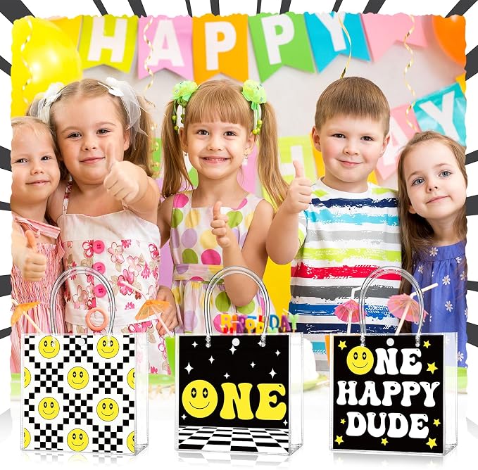 Teenyyou 24 Pcs One Happy Dude Clear Gift Bags with Handles One Happy Dude Party Favor PVC Goodie Treat Candy Tote Plastic Gift Bags for 1st Birthday Party Decor