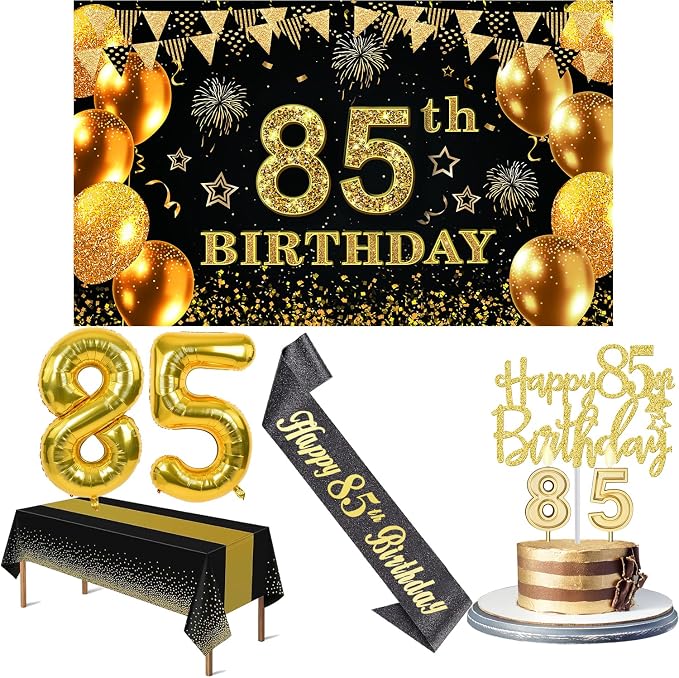 85th Birthday Decorations Men Women with 85th Birthday Banner, Black and Gold Table Cloth, Number Balloons, Sash, Cake Topper and Candles