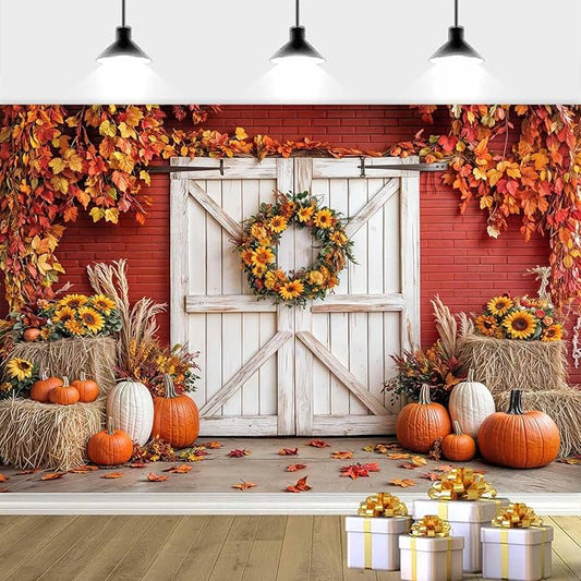 Rustic Barn Door Photography Backdrops, White Painted Brick Wall Wood Door Green Leaves Garden Photo Backgrounds, Kids Family Portrait Baby Shower Children Birthday Backdrops Booth Photoshoot 10x6ft