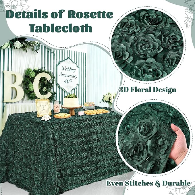 B-COOL 90x132 Inch Green Rosette Tablecloth Wedding Table Fabric 3D Floral Rectangle Table Overlay for Romantic Holiday Anniversary Party Table Decorations