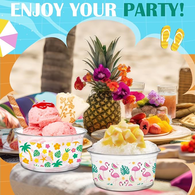 SiliFine 100 Pcs 12 oz Hawaiian Clear Plastic Bowls Disposable Luau Party Bowls Bulk Flamingo Dessert Cups with Palm Leaf for Wedding, Birthday, Home or Tropical Party Supplies