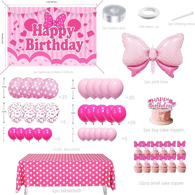 Pink Polka Dot Birthday Decorations for Girls, Cartoon Mouse Theme Party Supplies Include Balloon Arch Garland, Bow Backdrop, Tablecloth, Cake Toppers, Large Foil Bow Balloon for 1st 2nd 3rd
