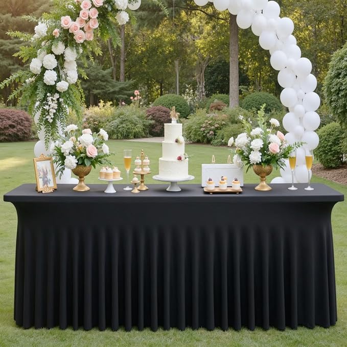 12 pk Black Spandex Tablecloth 8ft with Ruffled Skirt,Wrinkle Free High Stretch Fitted Tablecloths for 8 Foot Rectangle Tables,Pleated Elastic Spandex Table Covers 8ft for Parties Wedding Banquet