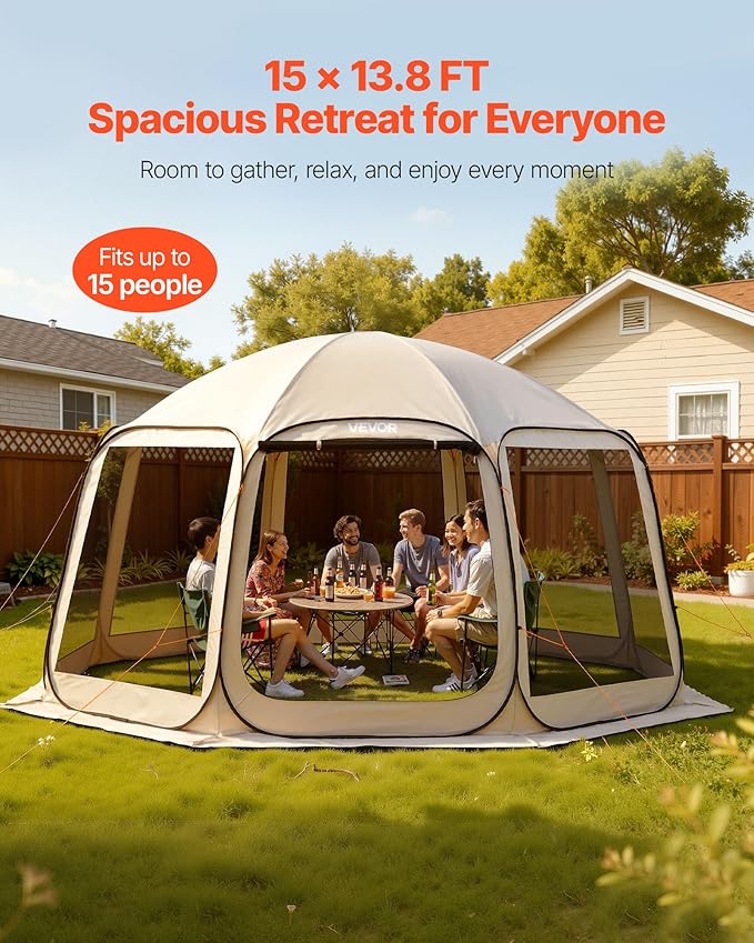 VEVOR Pop up Screen House Tent, 15 x 13.8 ft, 12-15 Person Screen Gazebo, Portable Screened in Canopy with Carry Bag, Netting Sides, Ground Stakes, for Garden, Patio, Backyard, Outdoor Activities
