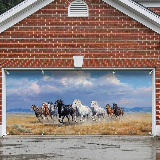Wild Horse Garage Door Banner Cover 7x16FT Waterproof –Western Running Horses Painting Backdrop,Outdoor Decor for Cowboy Party,Western Theme Birthday,Wild West Events & Photo Booth