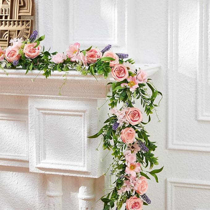 Giegxin 1 Pack 6 ft Artificial Flower Garland with Rose and Daisy Flower Pink Fake Wisteria Vines Summer Greenery Eucalyptus Garland for Wedding Mantle Porch Stair Table Indoor Decor