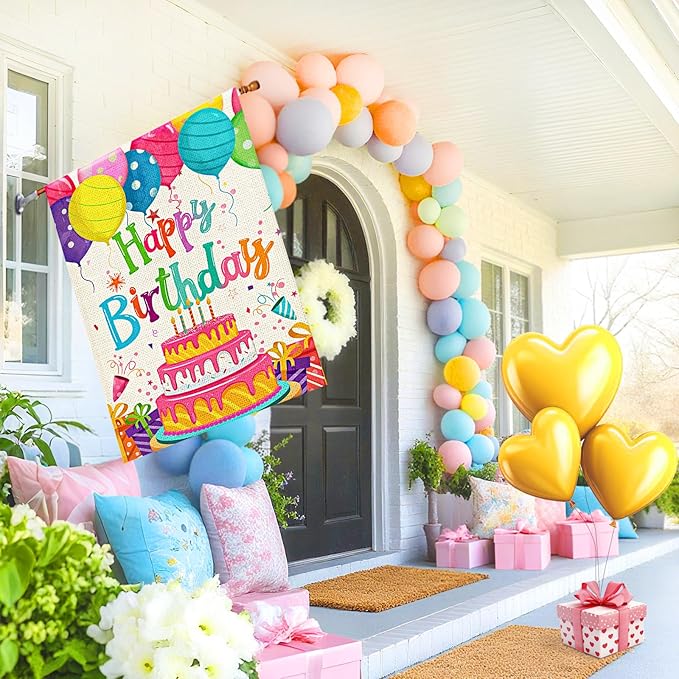Happy Birthday House Flags 28x40 Double Sided Burlap, Colorful Balloon Cake Toppers Personalized Banner Farmhouse Yard Sign Birthday Party Outdoor Decorations DF576-28