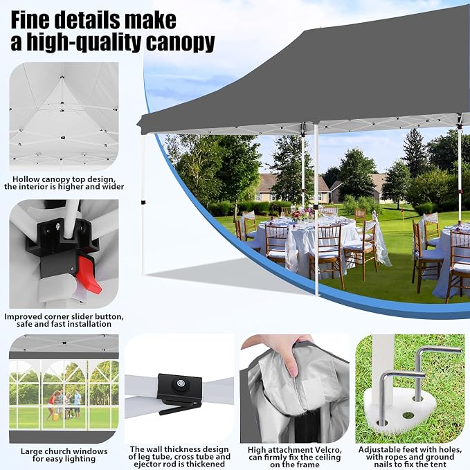 COBIZI Canopy 10x20 Pop Up Canopy Party Tent with 6 Sidewalls, Waterproof Commercial Canopy Ez Outdoor Instant Gazebo UV Protection 50+ Event Shelter, Garden Tents for Parties with Sandbags, Grey