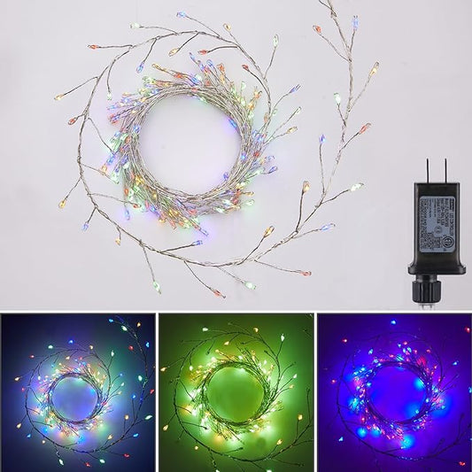 Minetom Fairy Lights Plug in, 10Feet 200LED Cluster String Lights, Silver Wire Waterproof Starry Firecracker Lights for Ceiling Bedroom Wreath Window Wedding Christmas Tree Decorations, Multicolor