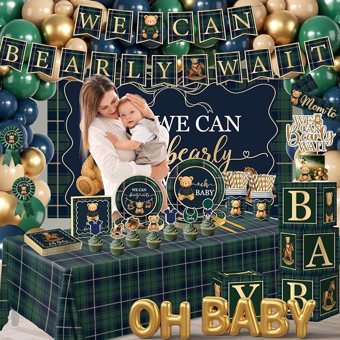 Bear Baby Shower Decorations,Tartan Plaids Bear Baby Shower Decoration Luxury Equestrian Vintage Bear Baby Shower Plates and Napkins,Balloons,Boxes,Caketoppers,Mom to Be Sash,Backdrop for Baby Shower
