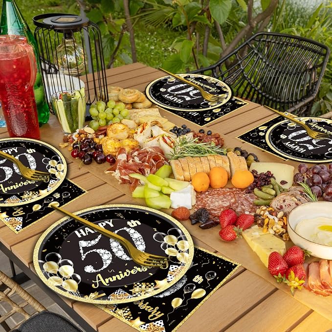 50 Guests 50th Anniversary Plates Napkins Party Supplies Employee Career Wedding Party Decoration Disposable Paper Cake Tableware Sets Party Dinnerware Favors Fiftieth Anniversary, 200PCS