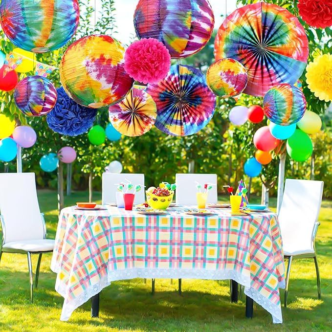 Hortsun 16 Pcs Tie Dyed Party Decorations Include 6 Pcs 12 "and 6" Groovy Hippie Hanging Paper Lanterns,6 Paper Fans -3 Size and 4 Flowers,60s Party Ceiling Wall Decor Chinese/Japanese Groovy Decor