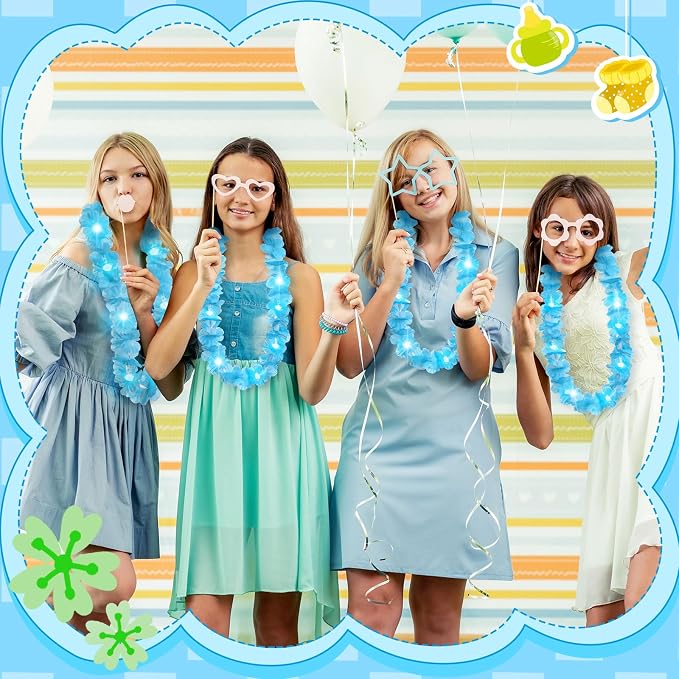Sherr 48 Pcs LED Hawaiian Leis Light up Flower Leis Necklace with LED Lights Luau Flowers Necklaces for Masquerade Beach Wedding Tropical Themed Party Supplies(Baby Blue)