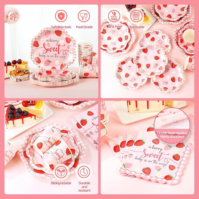 Strawberry Baby Shower Decorations for Girl, Baby Shower Plates and Cups and Napkins Sets Serves 50, Strawberry Plates, A Berry Sweet baby Is On The Way Decorations, Berry Sweet baby shower