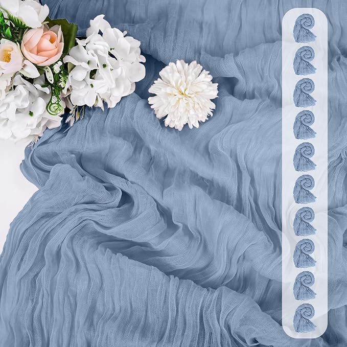10 Pack Cheesecloth Table Runner Dusty Blue, Rustic Boho Gauze Fabric Table Runner Romantic Table Runner for Wedding, Festival, Birthday, Anniversary, Dinner and Outdoor Events (17.7 x 108 inch)