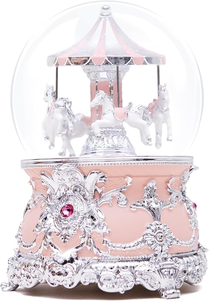 Luxury Silver Carousel Music Box,Carousel Figurine Snow Globe,Elegant Wedding, Romantic Home Décor,Collectible,Anniversary,Birthday, Idea,Plays Castle in the Sky Tune
