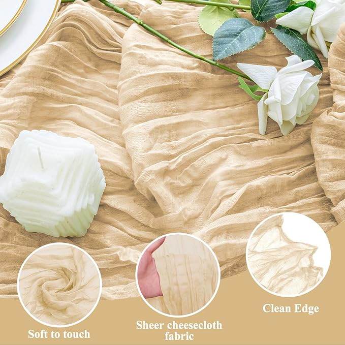 2PCS Table Runner Cheesecloth 10FT Sand Boho Gauze Cheese Cloth Rustic Sheer Table Runners for Wedding Bridal Baby Shower Party Decoration