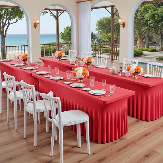 4 pk Red Spandex Tablecloth 6ft with Ruffle Skirt,Wrinkle Free High Stretchy Fitted Tablecloths for 6 Foot Rectangle Tables,Pleated Spandex Table Covers 6ft for Christmas Parties Banquet Weddings