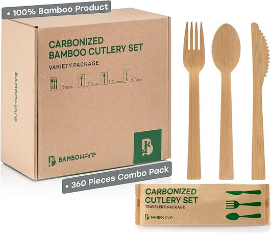 100% Bamboo Utensils - Carbonized Disposable Cutlery Biodegradable and Sanitized - Heavy Duty & Fully Functional (Variety Pack - 360 Pieces)