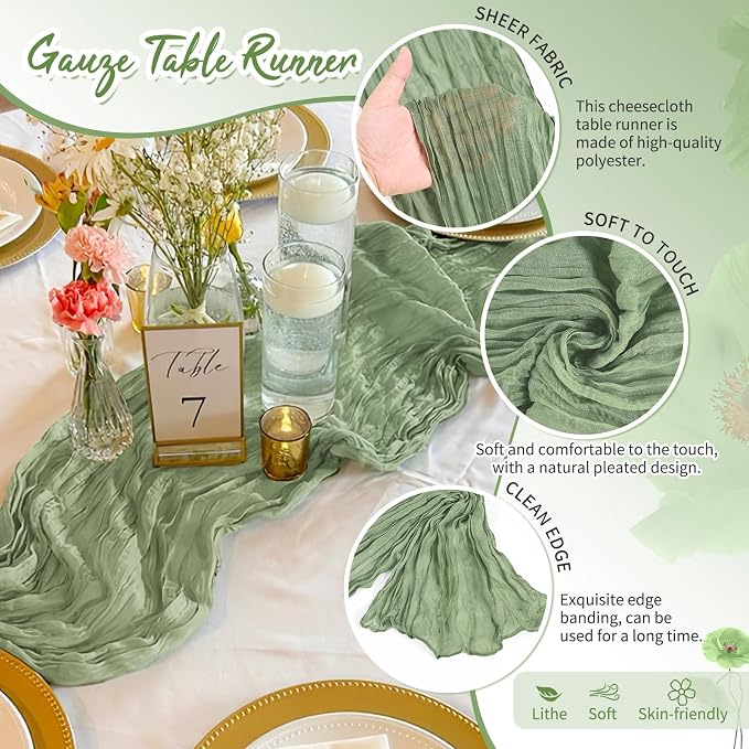 4 Pack Sage Green Cheesecloth Table Runner 17 x 108 inch Boho Gauze Table Runner Rustic Sheer Cheese Cloth Table Decorations for Wedding Party Baby Bridal Shower Birthday Holiday Home