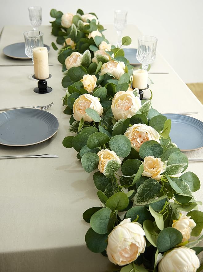MISSPIN 2pcs Artificial Flowers Garland Spring Eucalyptus Garland Vintage Fake Flower Peony Rose Vine Greenery Decorative Wall Hanging Plant for Wedding Arch Door Arrangement Party Decor