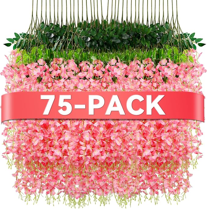 Alotiki Wisteria Hanging Flowers,75 Pack Fake Hanging Flowers,Wisteria Artificiales Garland for Home Wedding Arch Floral Party Garden Ceremony Outdoor Decor,3.6 Feet Long(75,Pink)