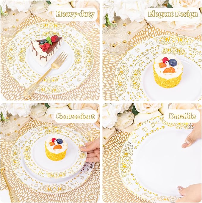 GATHER 350PCS White and Gold Plastic Plates - Gold Disposable Dinnerware Set Include 50 Dinner Plates, 50 Dessert Plates, 150 Gold Plastic Silverware, 50 Napkins, 50 Cups for Wedding & Party