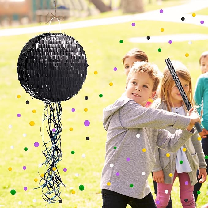 WERNNSAI Black Round Piñata for DIY - Halloween Black Moon Piñata for Kids DIY Birthday Party Disco Decoration for Adult Night Party Supplies with Confetti Bat Blindfold, 12.2”x 12.2”