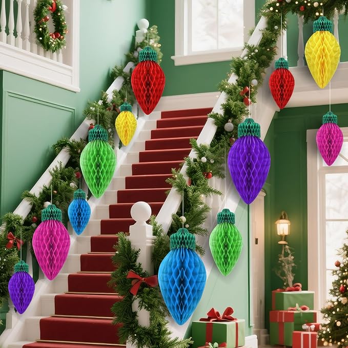 12 Pcs 20" and 12" Bright Jumbo Christmas Lights Honeycomb Hanging Decoration Large 3D Light Bulb Xmas Assorted Colors Honeycomb Light for Christmas Tree Mantel Ceiling Classroom Ornament