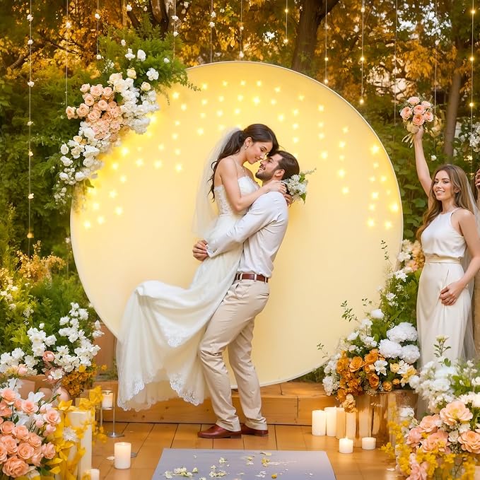 7.2 FT Ivory Round Backdrop Cover with Lights String for Circle Arch Stand Circle Backdrop Covers with LED Fairy Lights for Wedding Arch Baby Shower Birthday Party Photo Shoot Photography Background