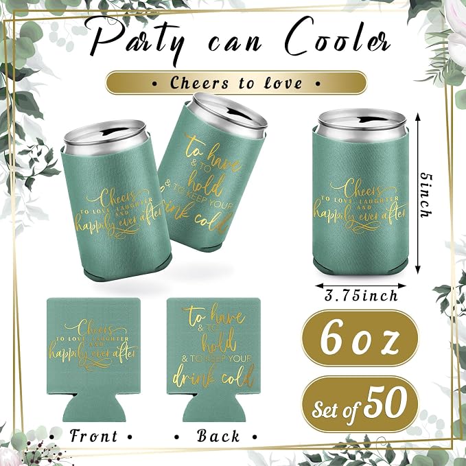 Qinyoung 50 Pieces Green Wedding Can Cooler Bulk Engagement Party Favors for Guests Cheers to Love Laughter and Happily Ever After Rehearsal Dinner Decorations for Wedding Bridal Party