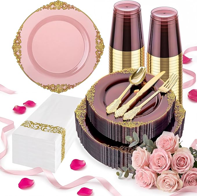 Hioasis 175pcs Burgundy and Gold Plates - Burgundy Party Plates for 25 Guest, Include 50 Heavy-duty Plates(20% Thicker Than Standard), 75 Cutlery Set, 25 Napkin, 25 Cups
