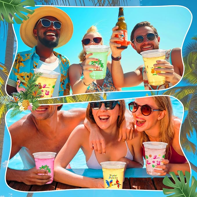 50Pcs Luau Party Decoration Cups 16 OZ Disposable Plastic Drinking Cups with Pineapple Flamingo, Summer Cup for Hawaiian Tropical Aloha Pool Beach Birthday Party Decor Supplies