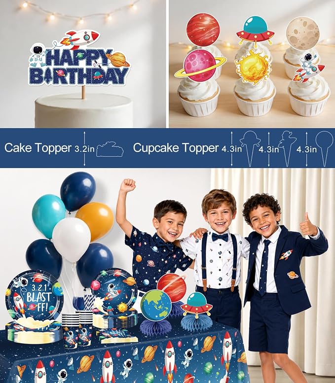 213pcs Space Themed Party Decorations, Serves 25 People, Complete Paper Set Includes No-DIY Banner 350gsm Plates Latex Balloons and Waterproof Tablecloths
